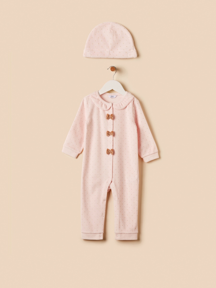 Bow Accent Velour Sleepsuit with Beanie Cap