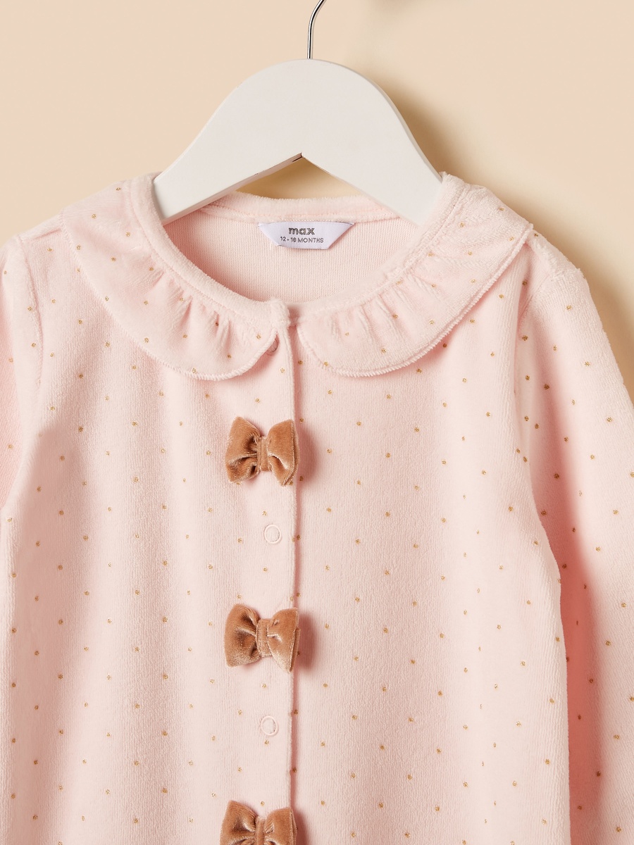 Bow Accent Velour Sleepsuit with Beanie Cap