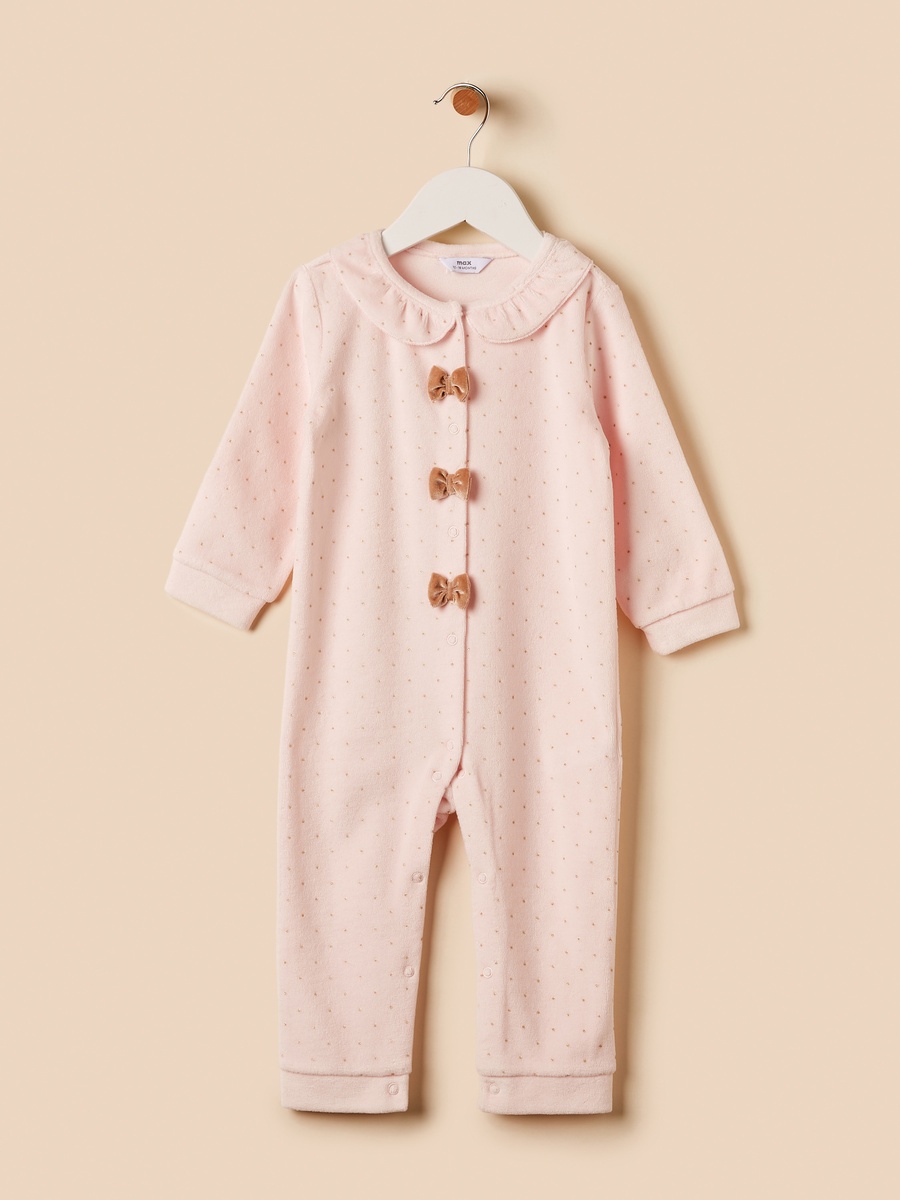 Bow Accent Velour Sleepsuit with Beanie Cap