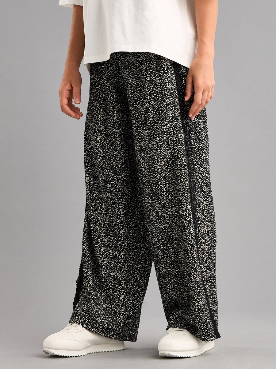 Animal Print Wide Leg Pants with Lace Inserts