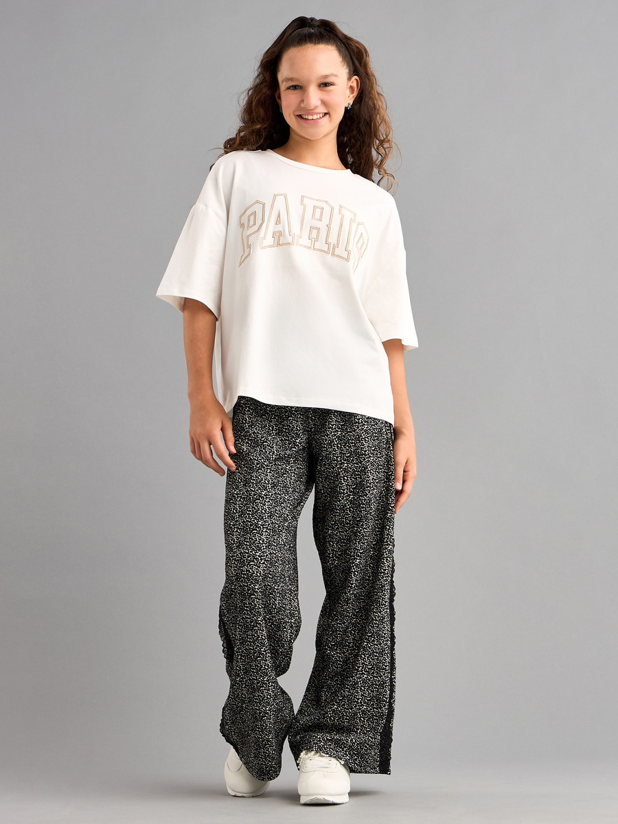 Animal Print Wide Leg Pants with Lace Inserts