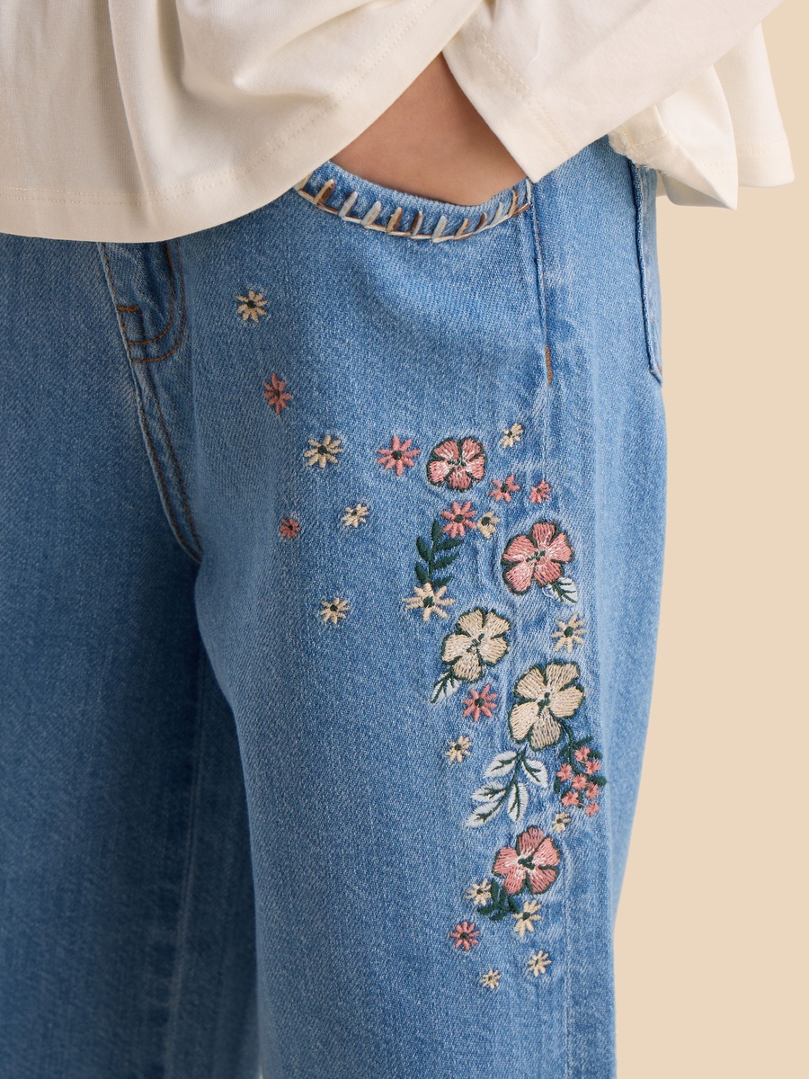 Floral Embroidered Wide Leg Jeans