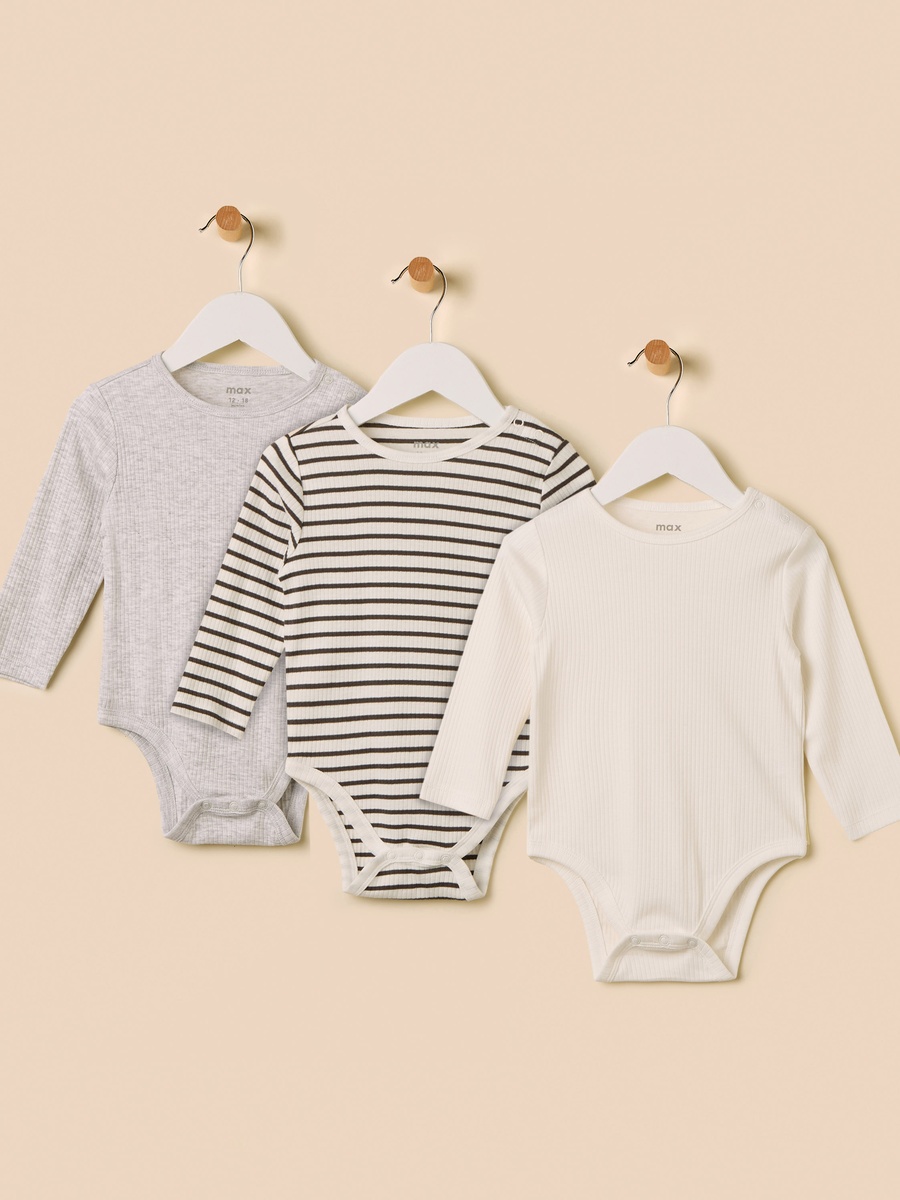 Pack of 3 - Ribbed Bodysuit with Long Sleeves