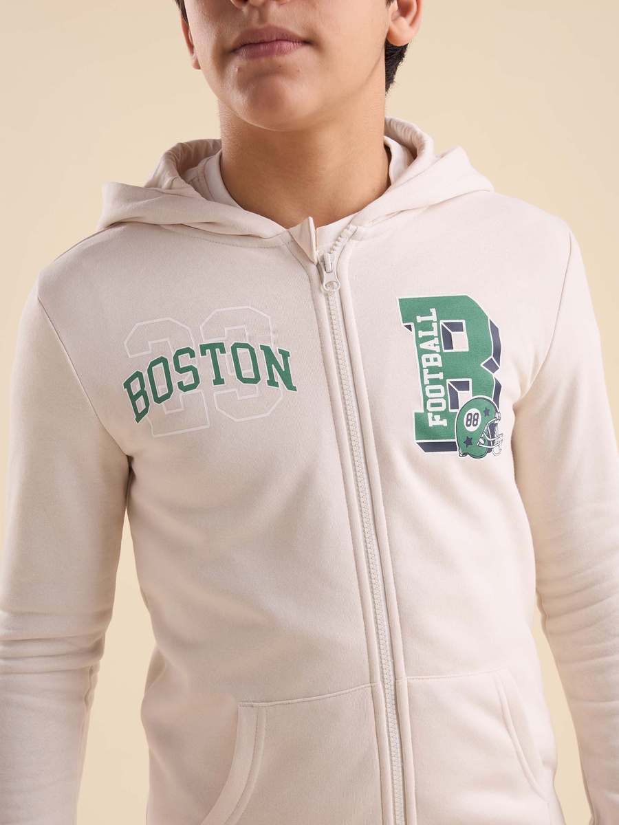 Boston Print Zip Through Cotton Hoodie