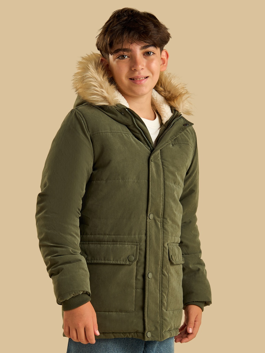 Hooded Parka Jacket with Faux Fur Lining