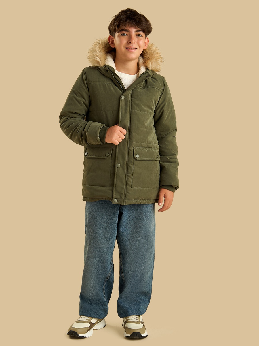 Hooded Parka Jacket with Faux Fur Lining
