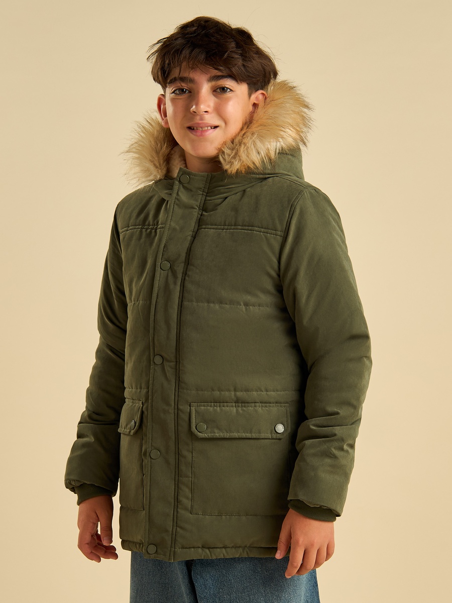 Hooded Parka Jacket with Faux Fur Lining