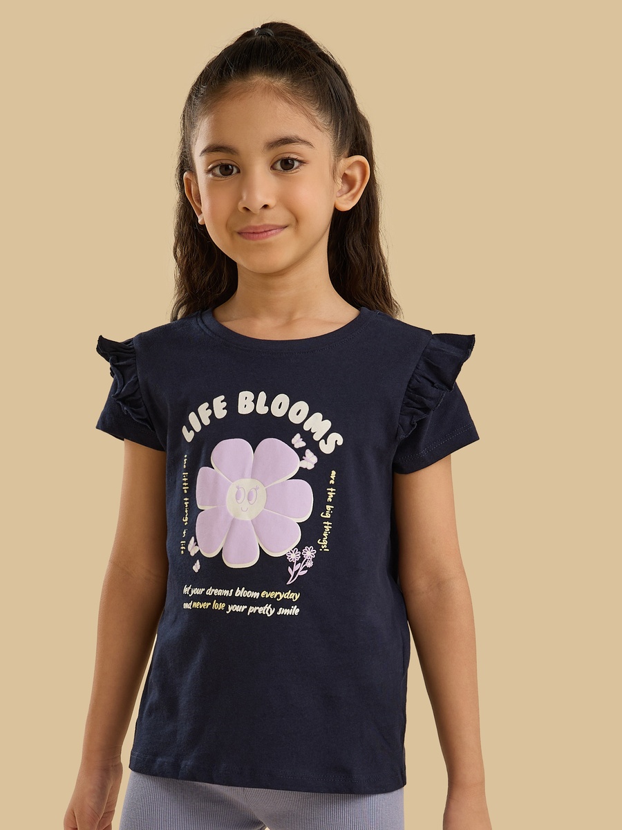 Slogan Print Cotton T-Shirt with Ruffle Sleeves