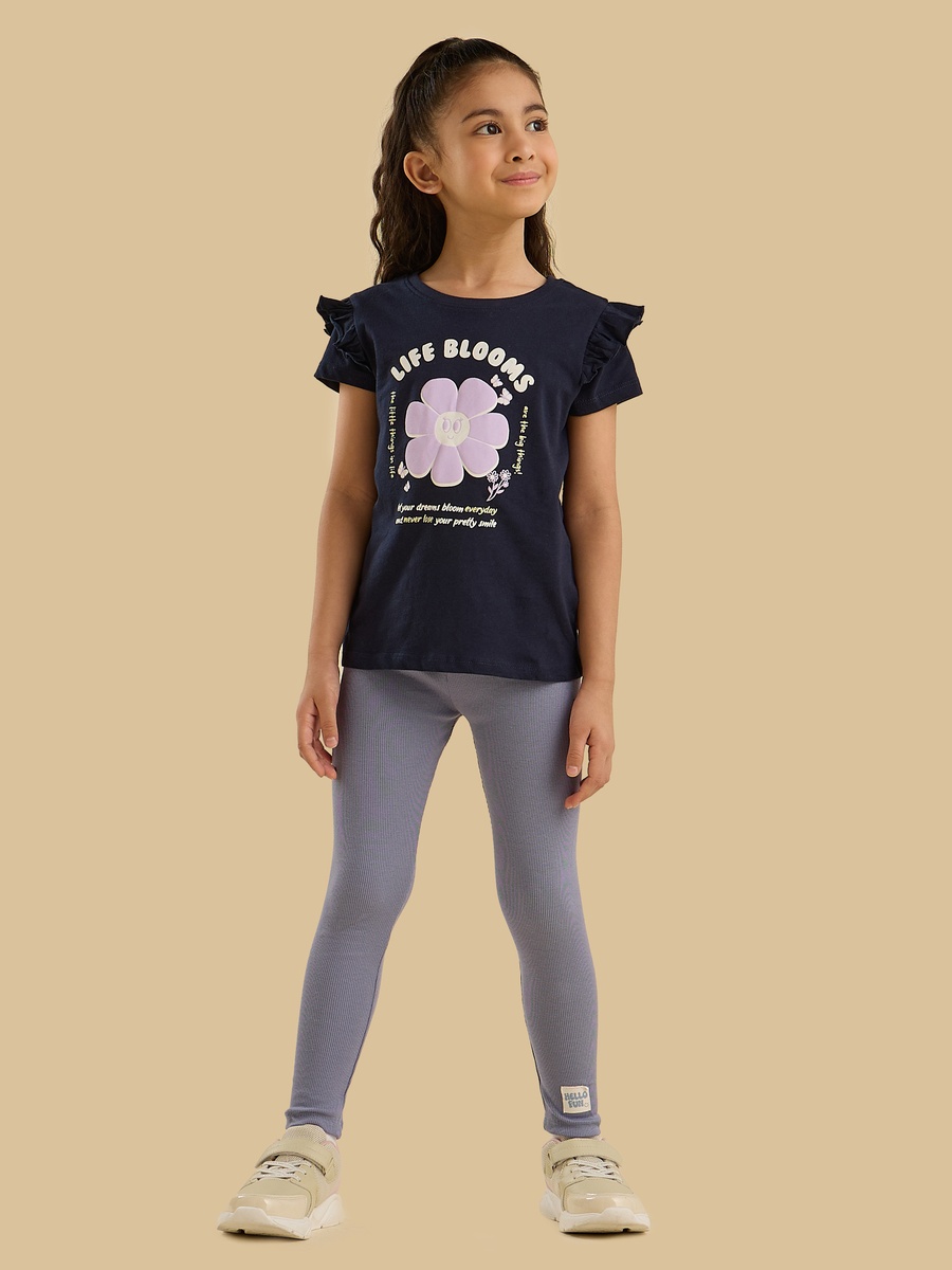 Slogan Print Cotton T-Shirt with Ruffle Sleeves