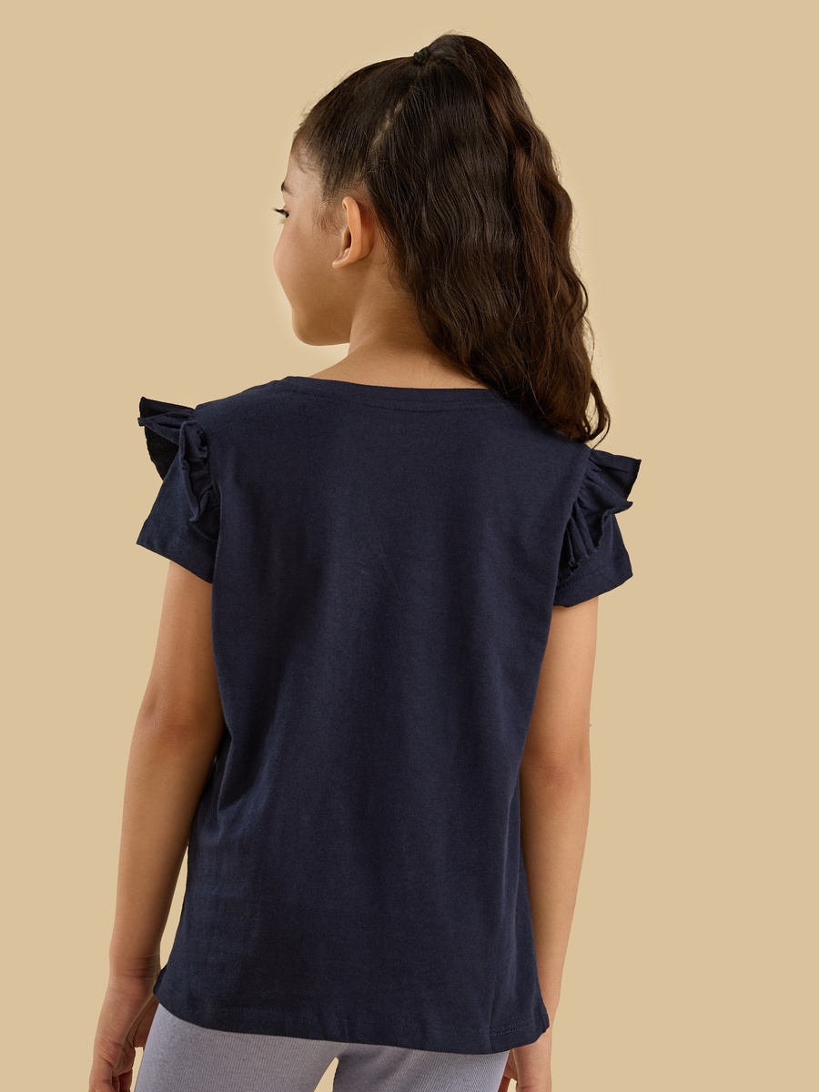 Slogan Print Cotton T-Shirt with Ruffle Sleeves