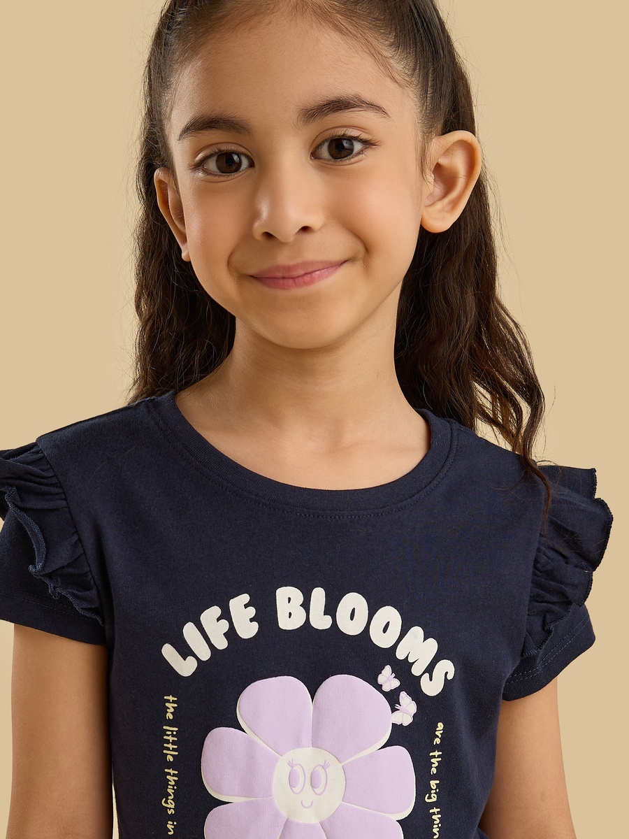 Slogan Print Cotton T-Shirt with Ruffle Sleeves