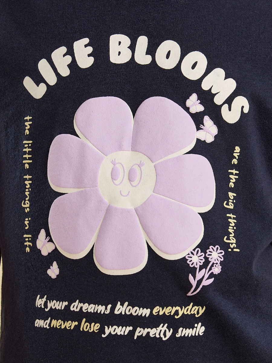 Slogan Print Cotton T-Shirt with Ruffle Sleeves