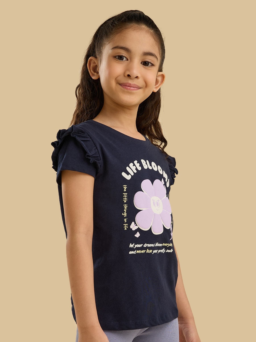Slogan Print Cotton T-Shirt with Ruffle Sleeves