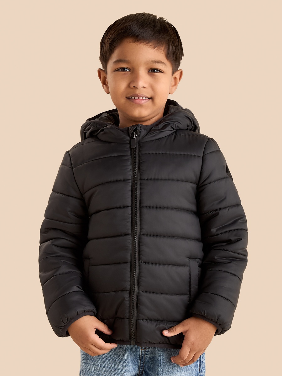 Plain Zip Through Hooded Puffer Jacket