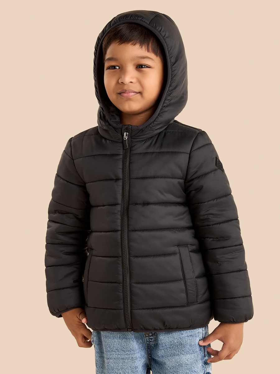 Plain Zip Through Hooded Puffer Jacket