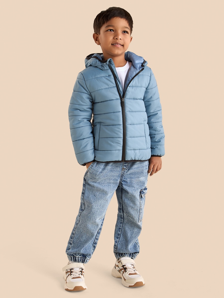 Plain Zip Through Hooded Puffer Jacket