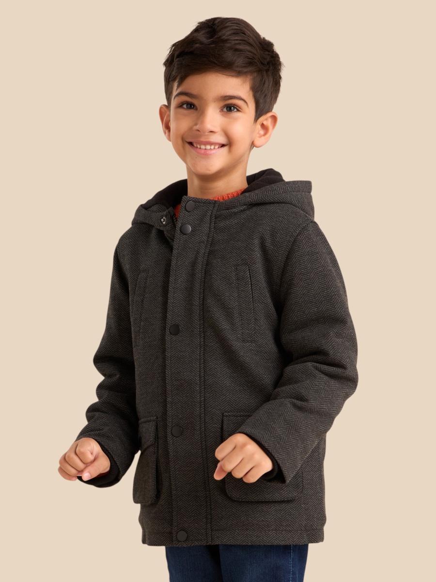 Tweed Herringbone Hooded Coat