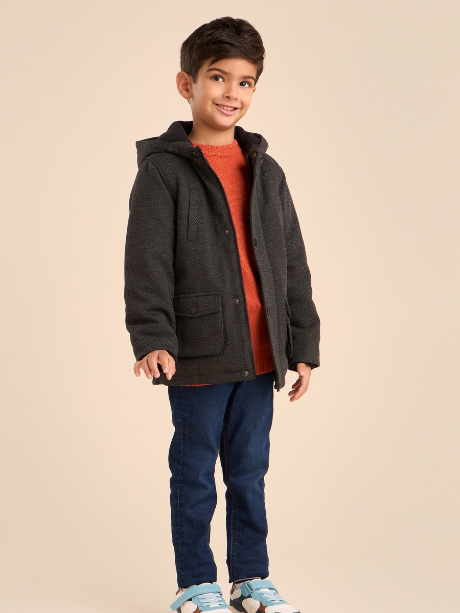 Tweed Herringbone Hooded Coat