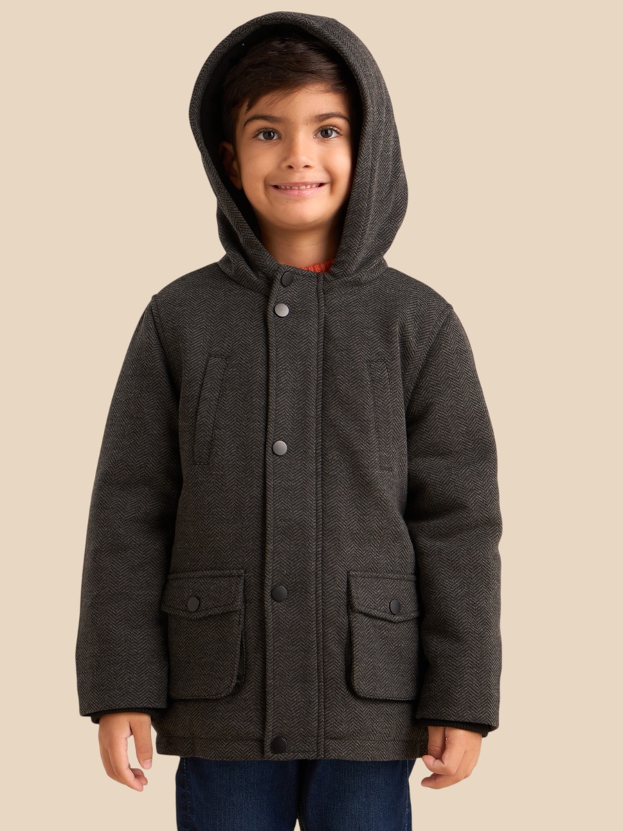 Tweed Herringbone Hooded Coat