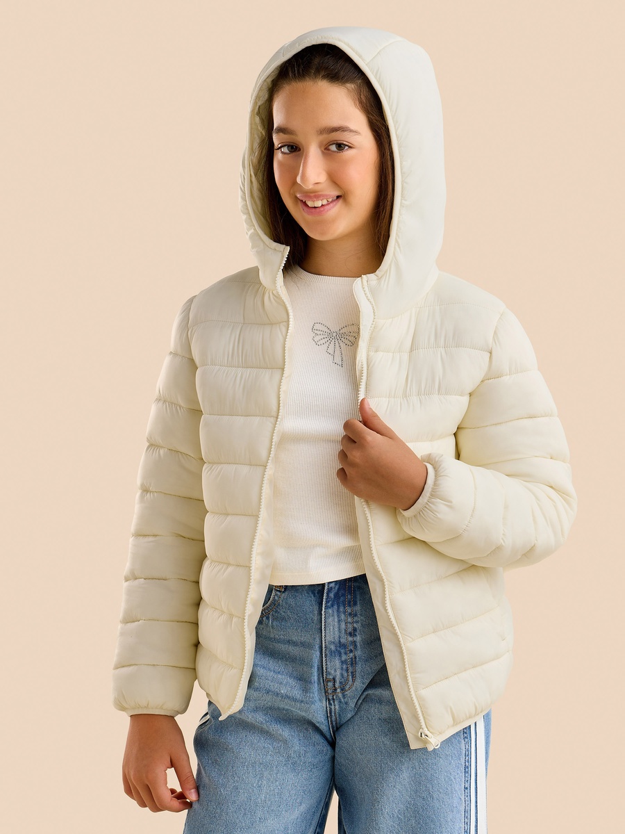 Plain Zip Through Hooded Puffer Jacket