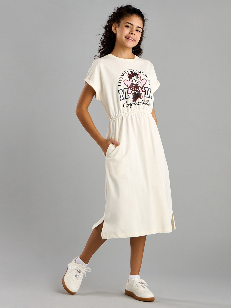 Minnie Mouse Print Cotton Dress with Extended Sleeves