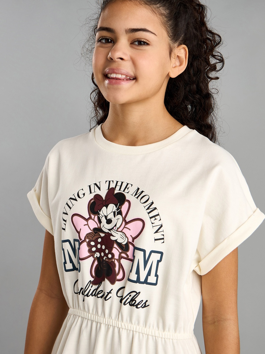 Minnie Mouse Print Cotton Dress with Extended Sleeves