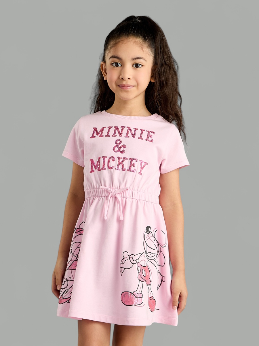 Minnie and Mickey Mouse Print Cotton Dress