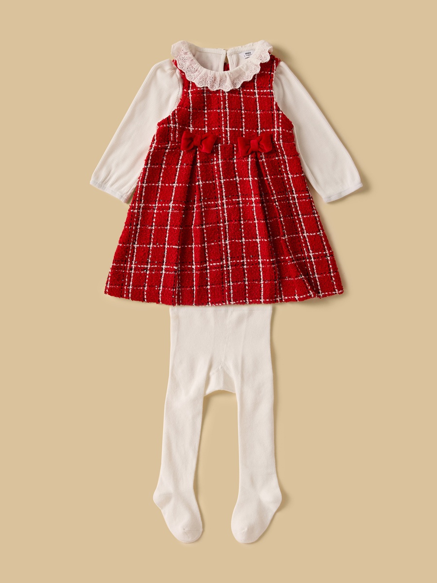 Collared Top with Checked Pinafore and Stockings