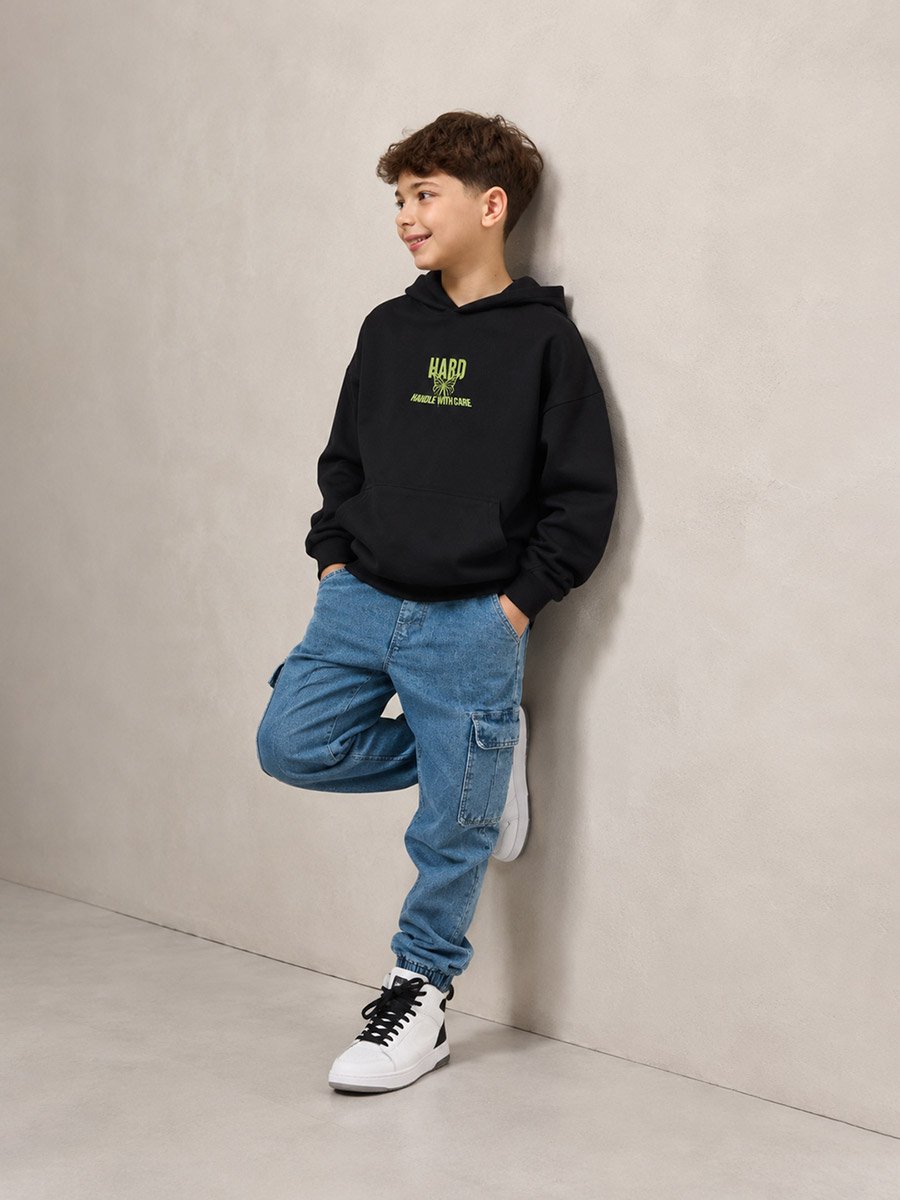 Teens Black Graphic Print Hoodie