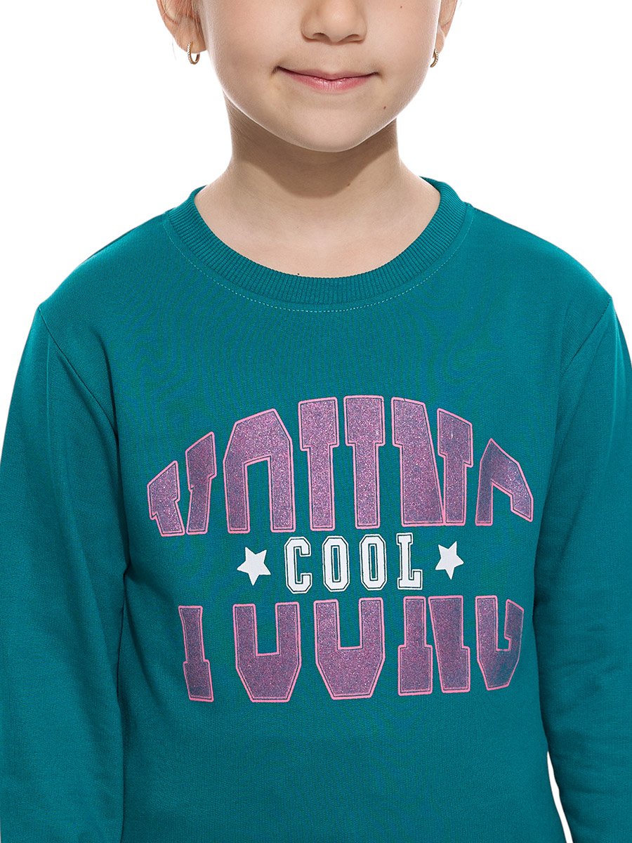 Girls Green Glitter Graphic Print Sweatshirt