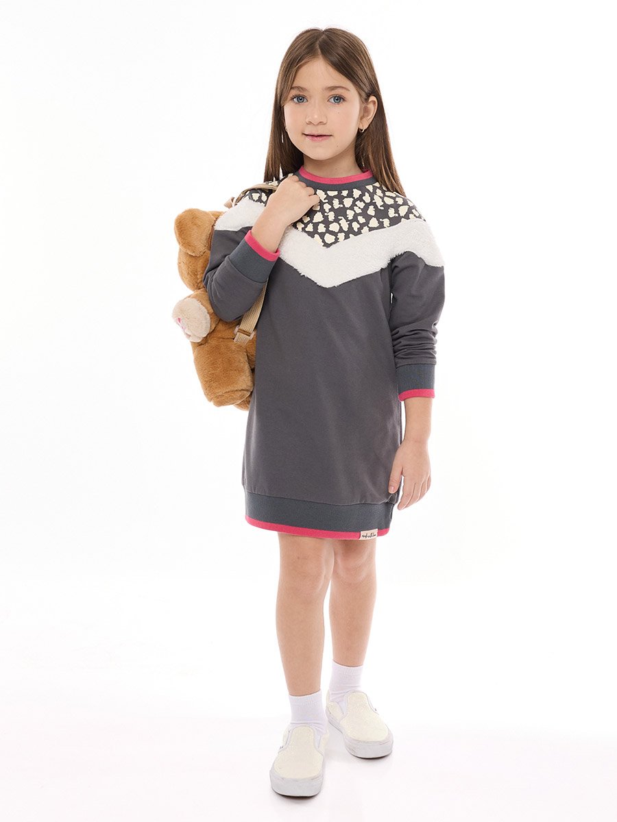 Girls Grey Faux Fur Trim Sweatshirt Dress