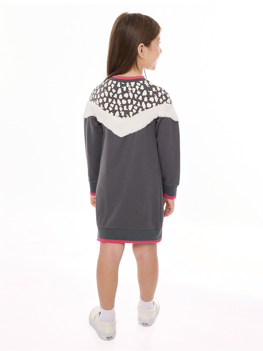 Girls Grey Faux Fur Trim Sweatshirt Dress