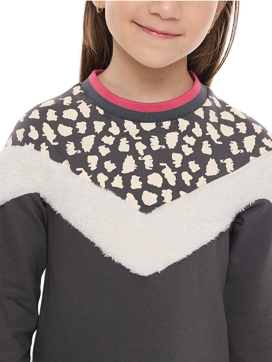 Girls Grey Faux Fur Trim Sweatshirt Dress