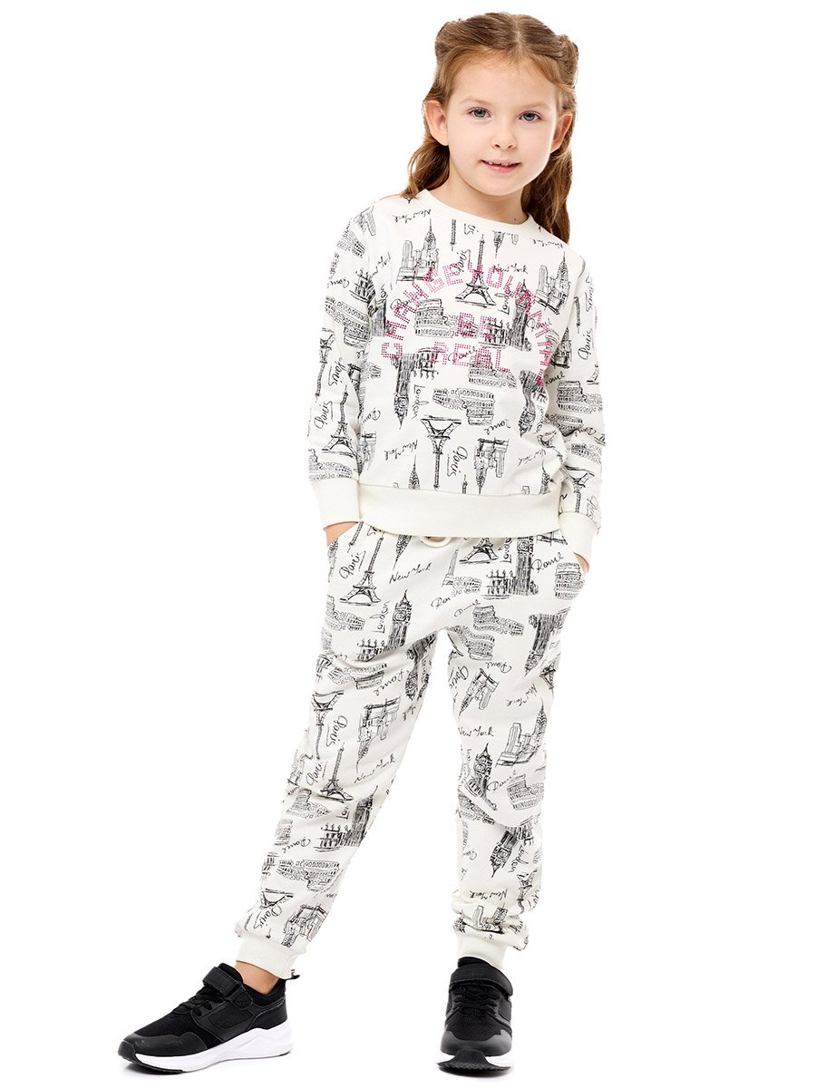 Girls White All Over Print Sweatshirt and Joggers Set
