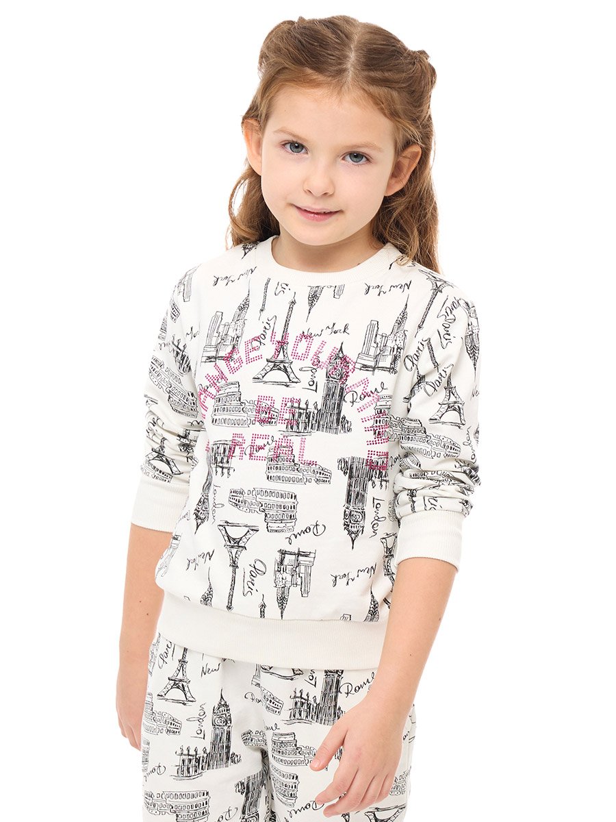 Girls White All Over Print Sweatshirt and Joggers Set