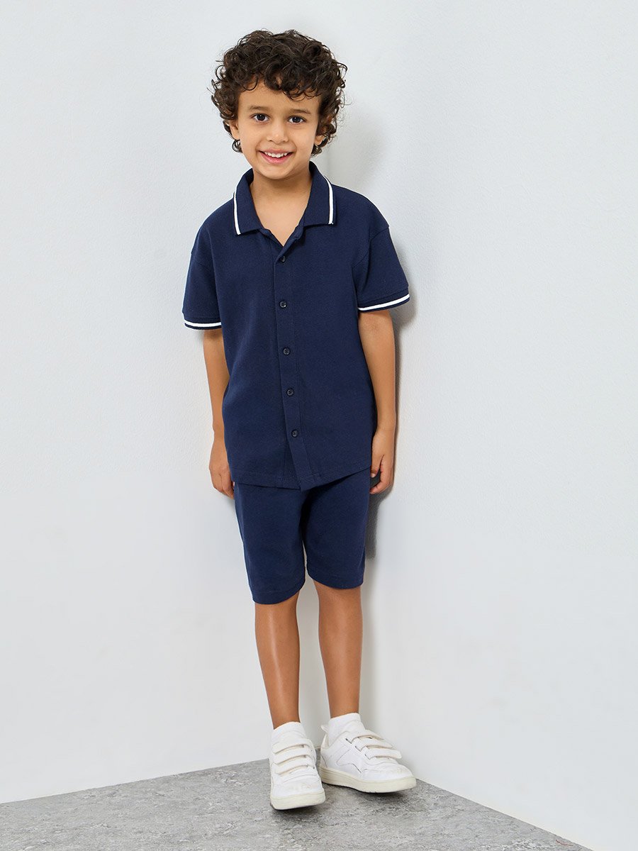 Boys Navy Knit Polo T-Shirt and Shorts Set