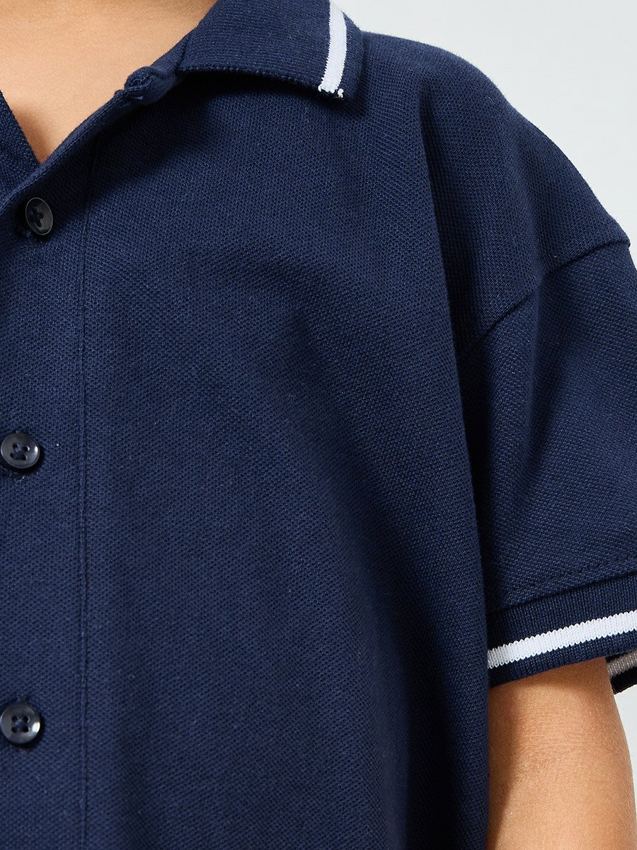 Boys Navy Knit Polo T-Shirt and Shorts Set