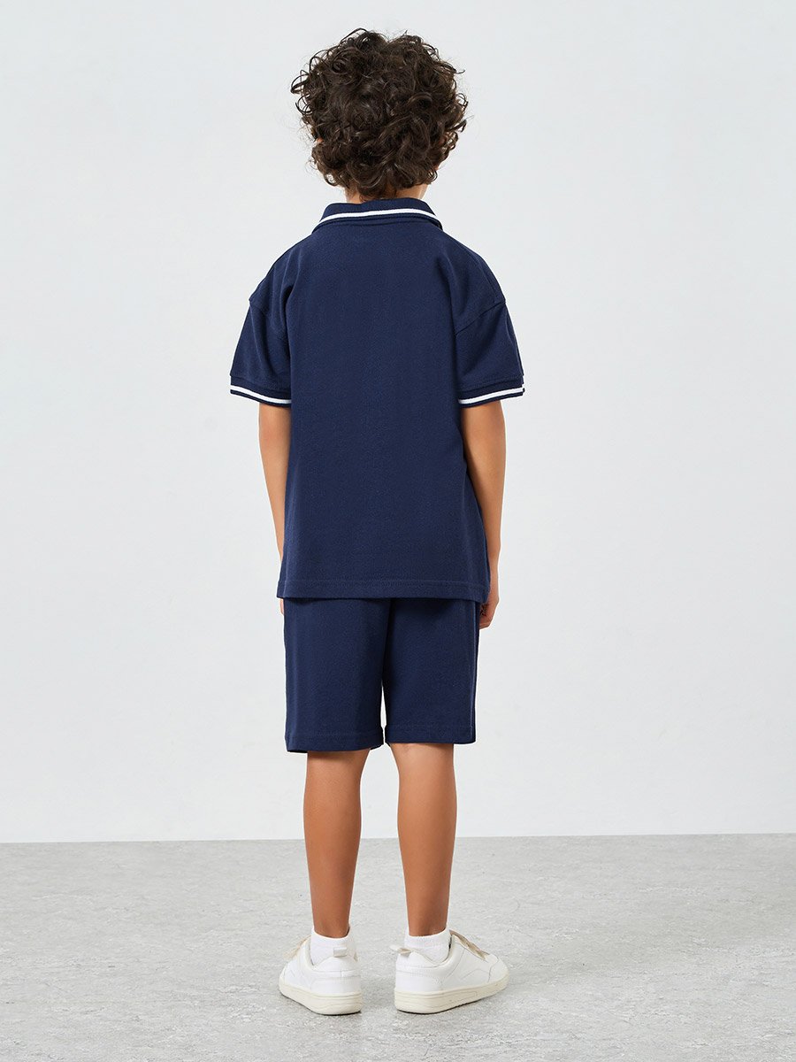 Boys Navy Knit Polo T-Shirt and Shorts Set
