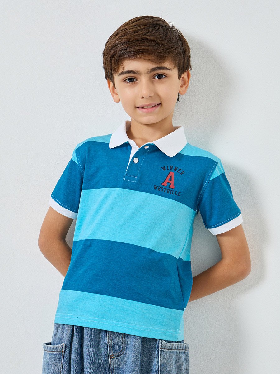 Boys Blue Color Block Polo T-Shirt