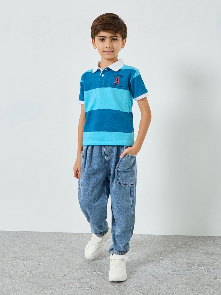 Boys Blue Color Block Polo T-Shirt