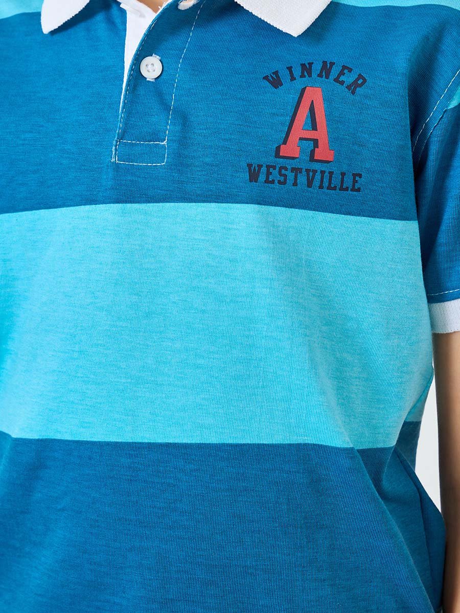 Boys Blue Color Block Polo T-Shirt