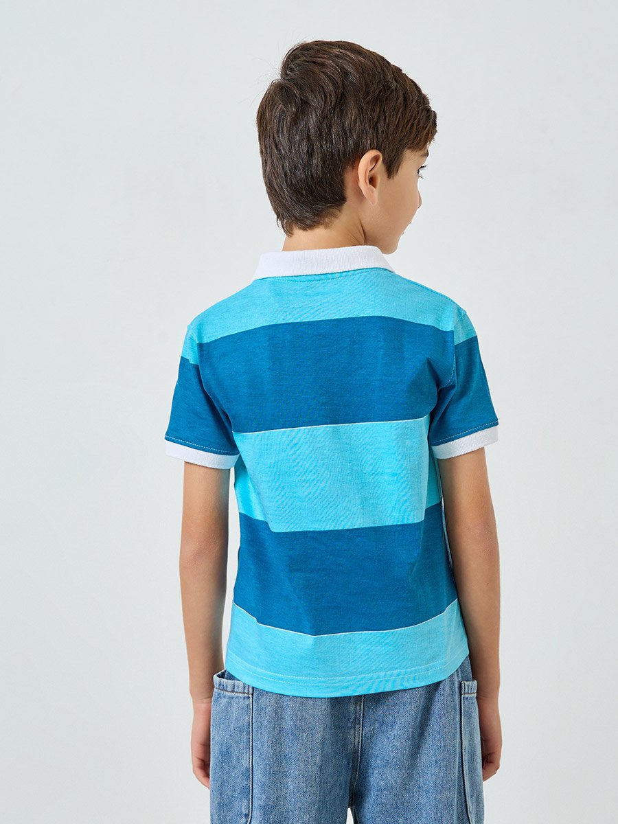 Boys Blue Color Block Polo T-Shirt