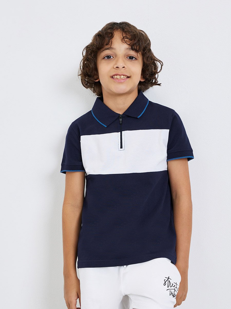 Boys Navy Blue Color Block Polo T-Shirt with Zipper