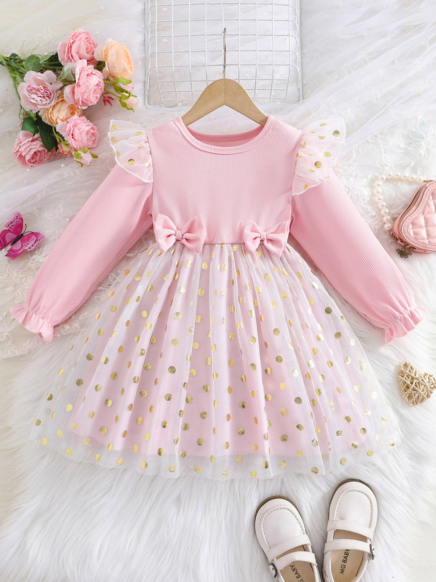 Bow Detail Ruffled Long Sleeve Mesh Dress