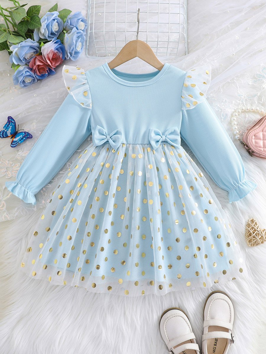 Bow Detail Ruffled Long Sleeve Mesh Dress