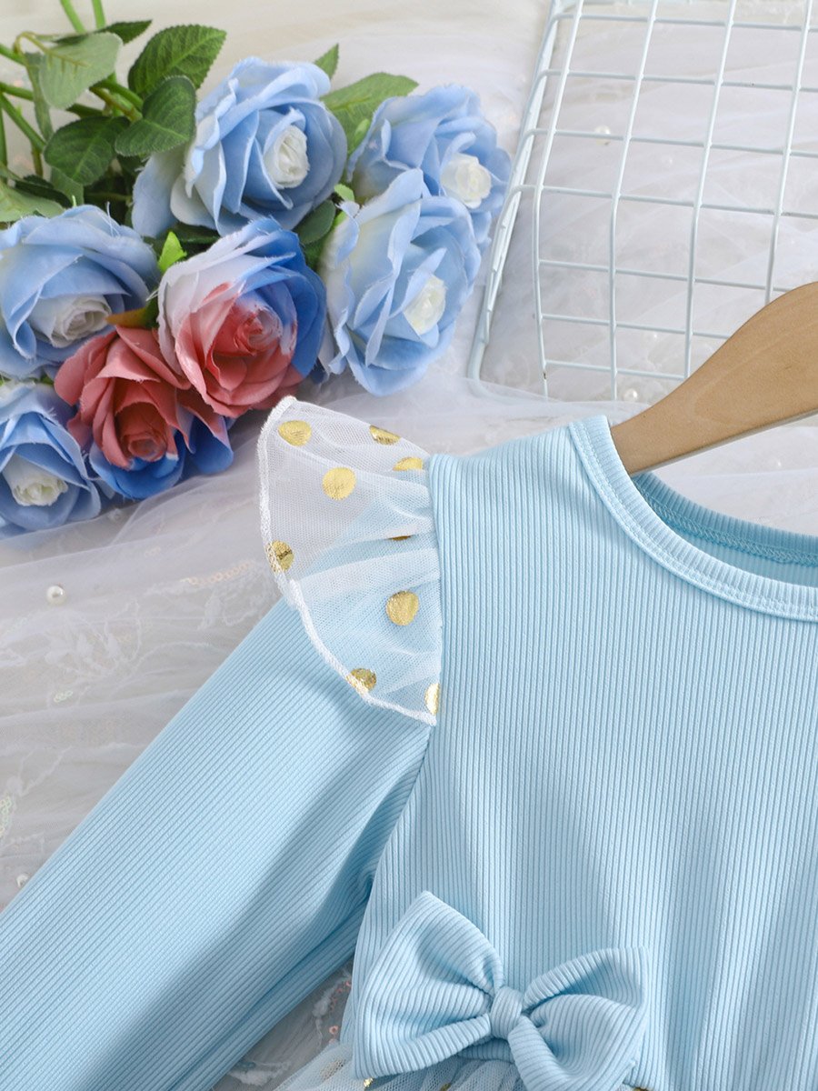 Bow Detail Ruffled Long Sleeve Mesh Dress