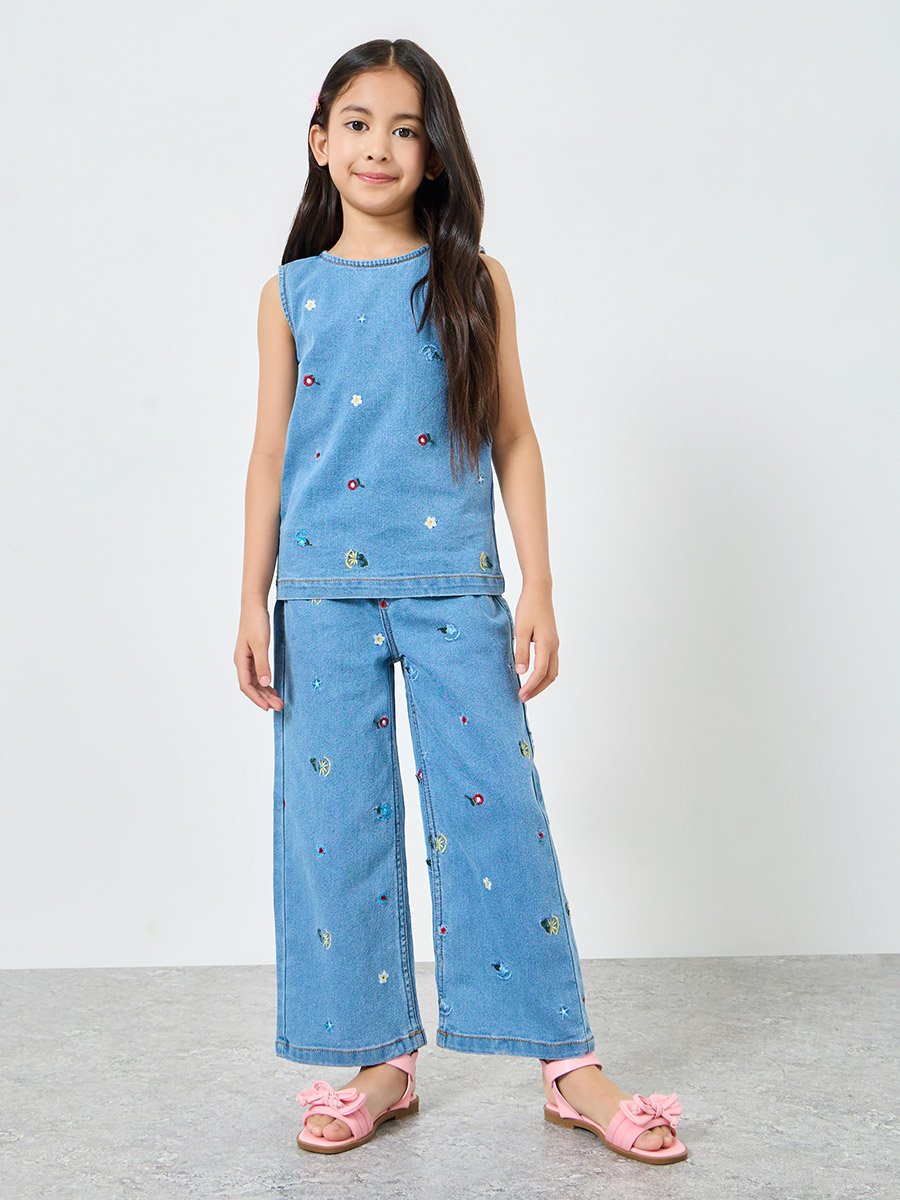 Girls Light Blue Embroidered Denim Sleeveless Top