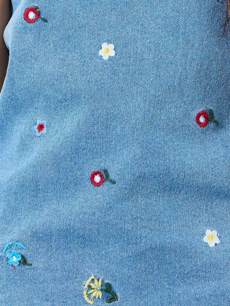 Girls Light Blue Embroidered Denim Sleeveless Top