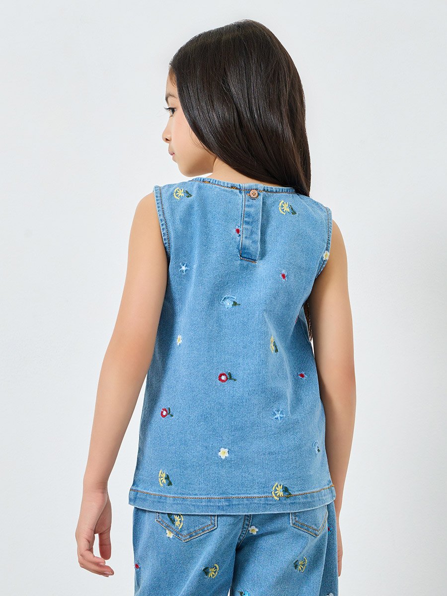Girls Light Blue Embroidered Denim Sleeveless Top
