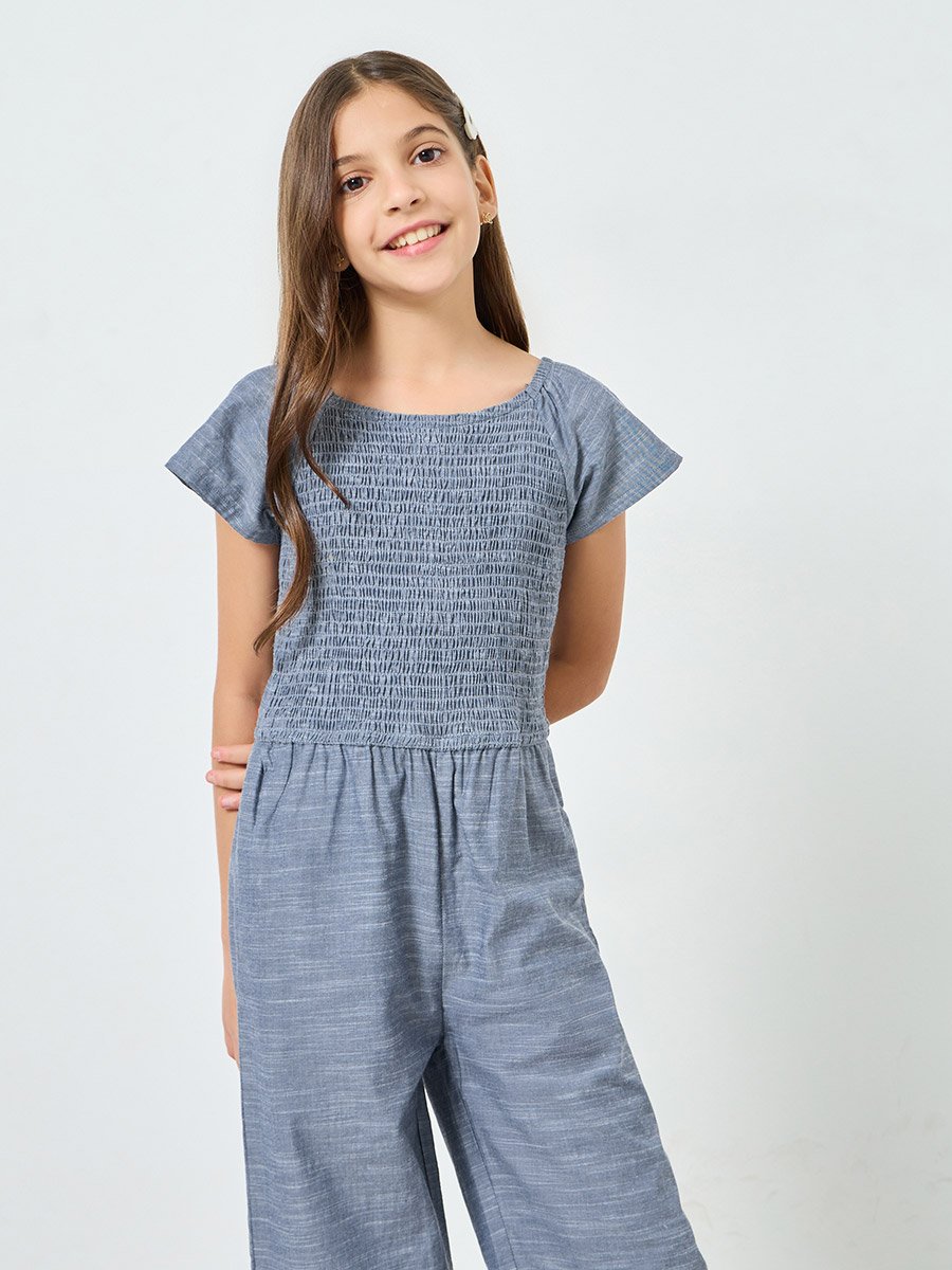 Girls Blue Cotton Smocking Detail Jumpsuit